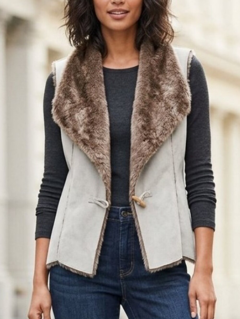 Coldwater Creek Faux Fur & Suede Waterfall Collar Vest